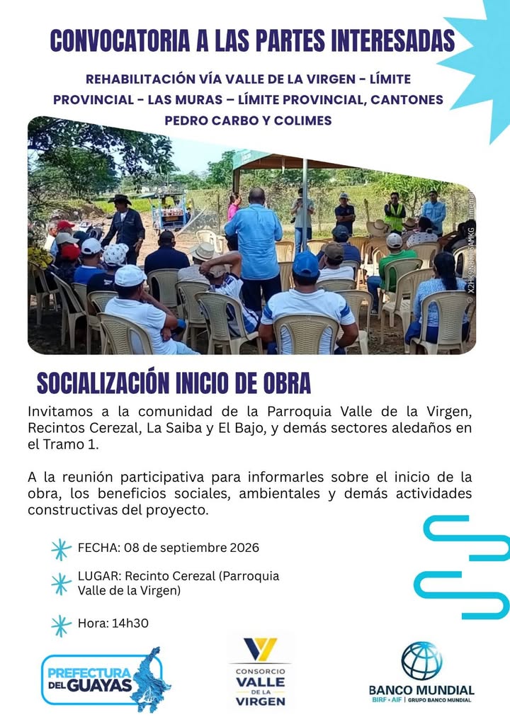Prefectura del Guayas socializa inicio de obra vial en Valle de la Virgen este lunes
