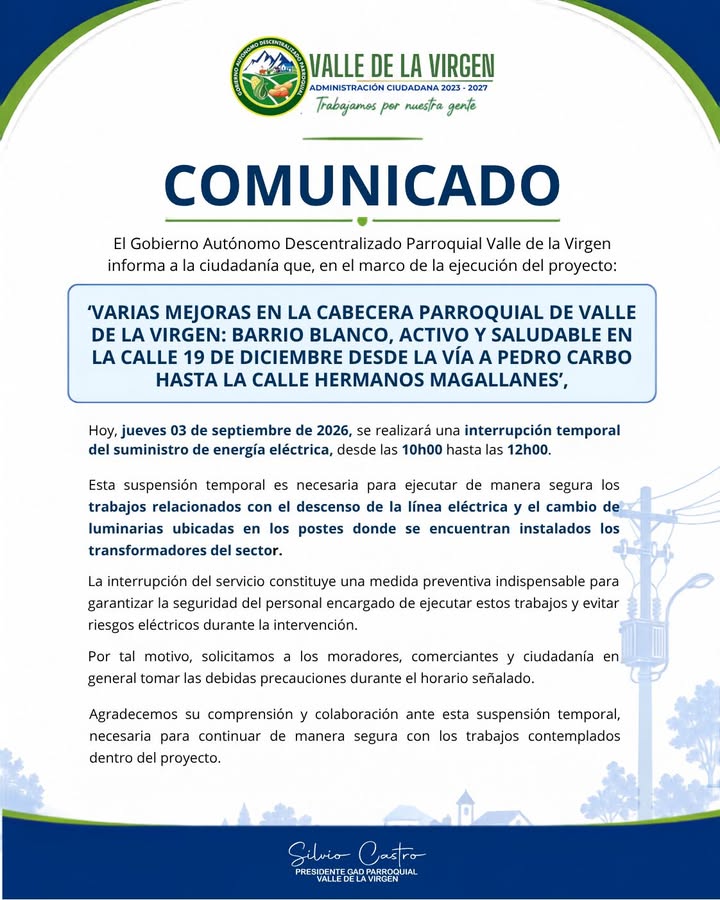 Corte programado de luz en Valle de la Virgen este jueves 3 de septiembre